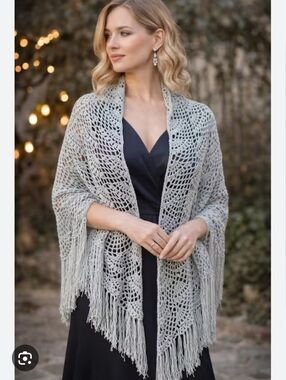 Handmade Light Gray Crochet Fringe Shawl Wrap One Size NWOT Boho Spring Summer